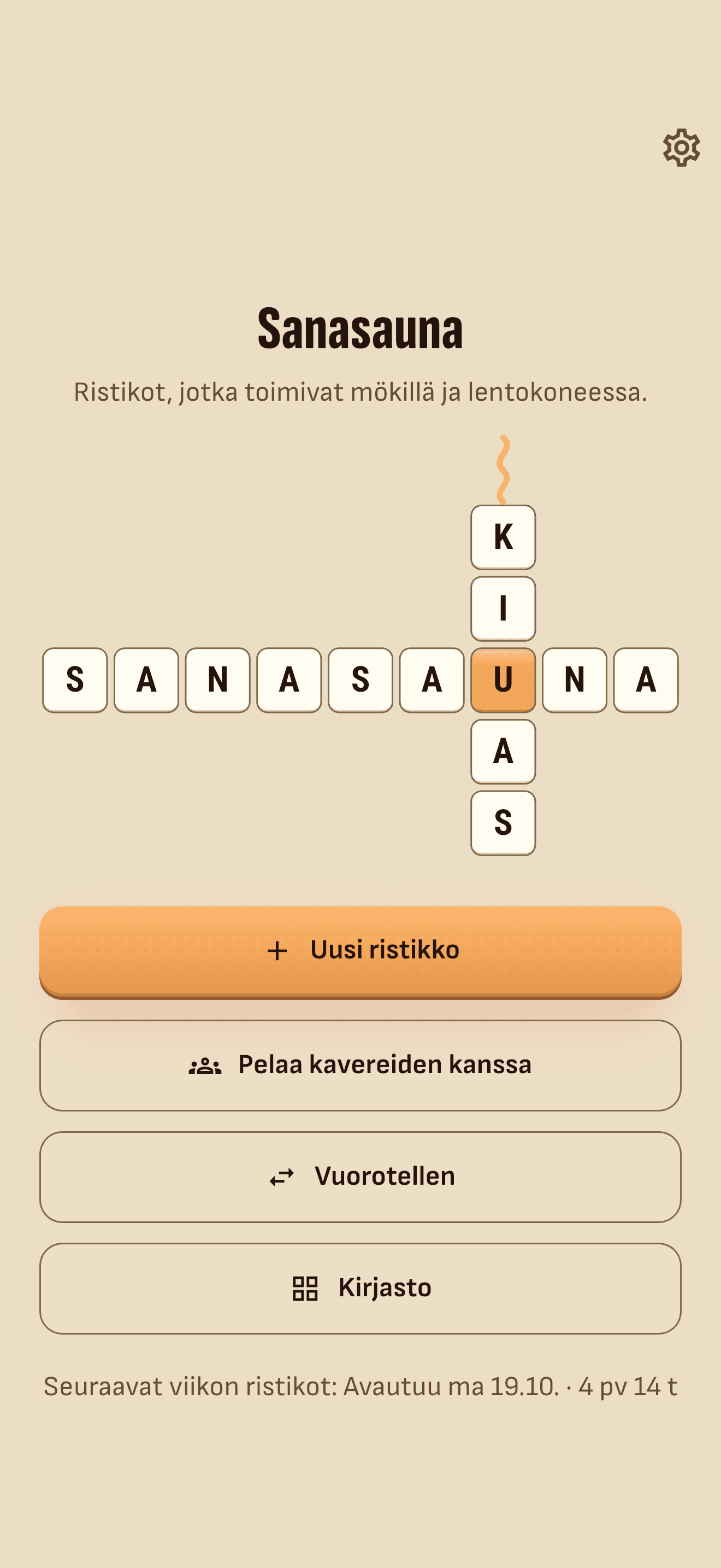 Sanasauna’s home screen: the word SANASAUNA crossed by KIUAS, the New puzzle, Play with friends, Take turns and Library buttons, and when the next weekly puzzles unlock.