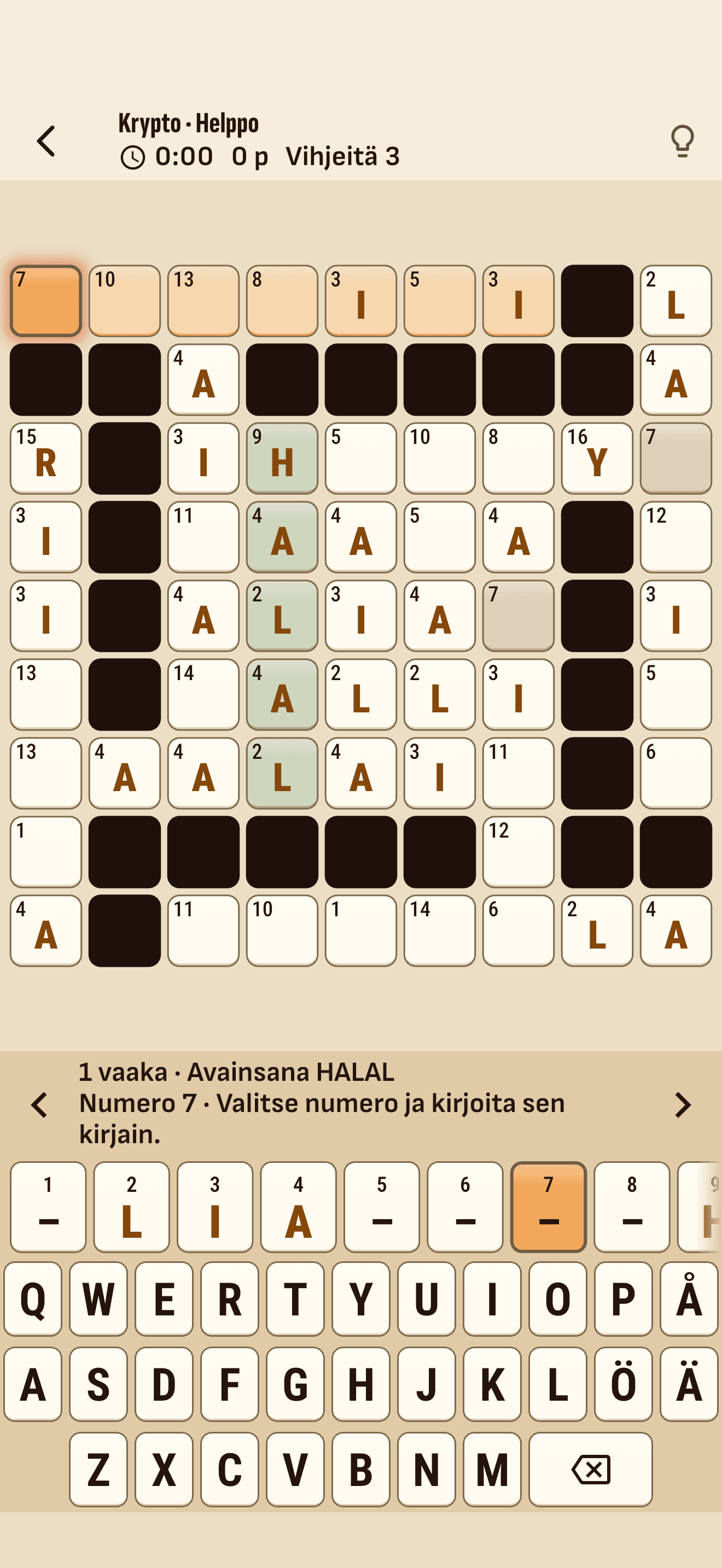 A krypto: numbered squares, a few given letters and a row of numbers above the keyboard.