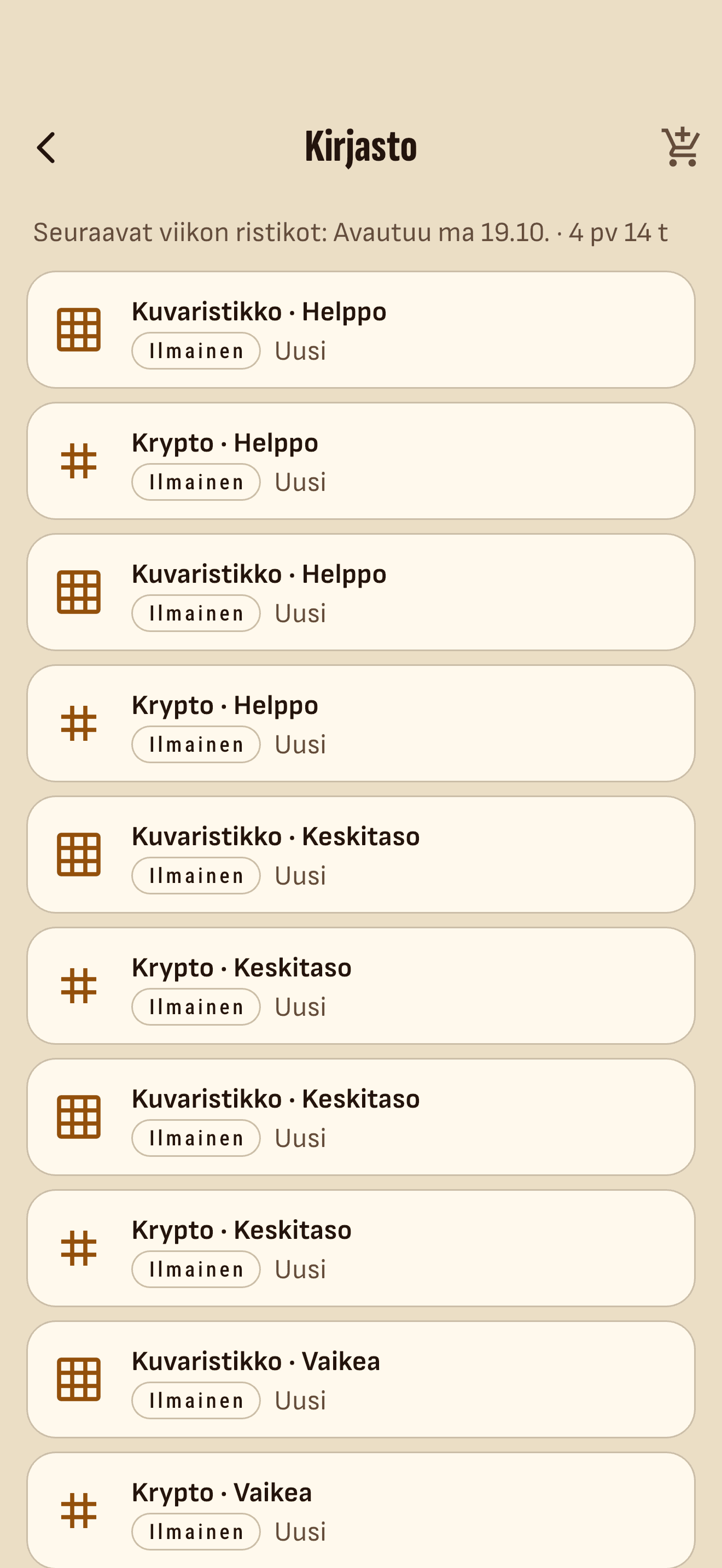 The library: the free puzzles in a list, each marked new, and above them when the next weekly puzzles unlock.