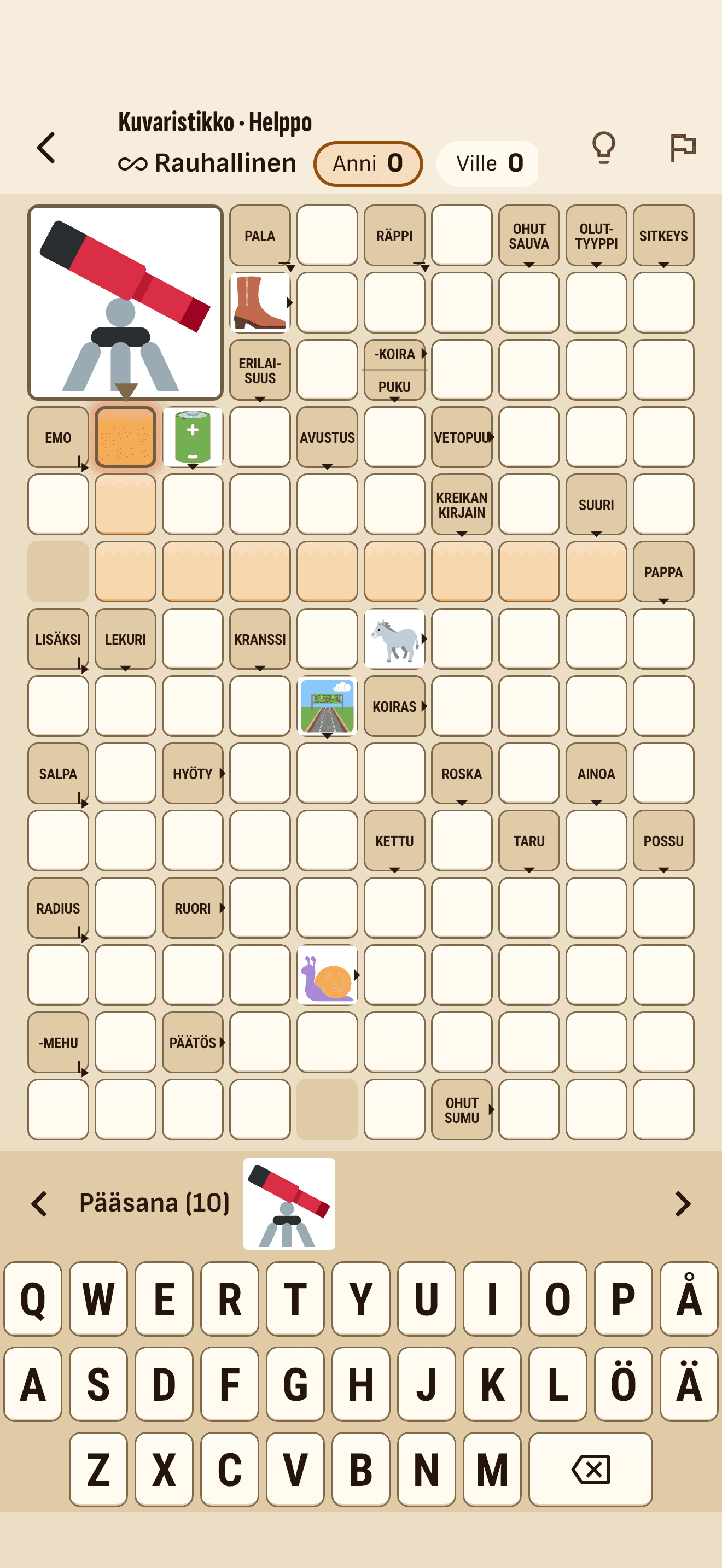 A party game on the host’s phone: the players’ scores sit above the grid, and everyone solves the same picture crossword.