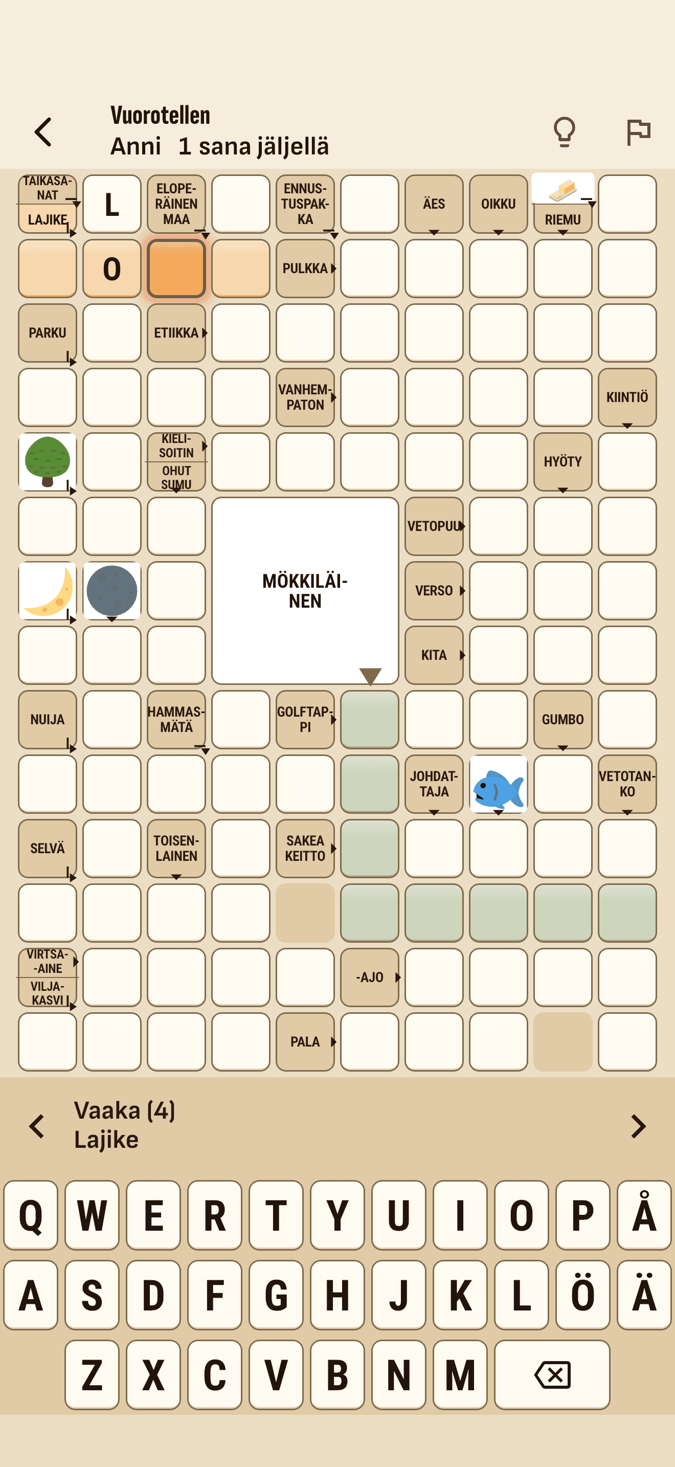 Taking turns: the name of the player whose turn it is and the words left on their turn sit above the grid.